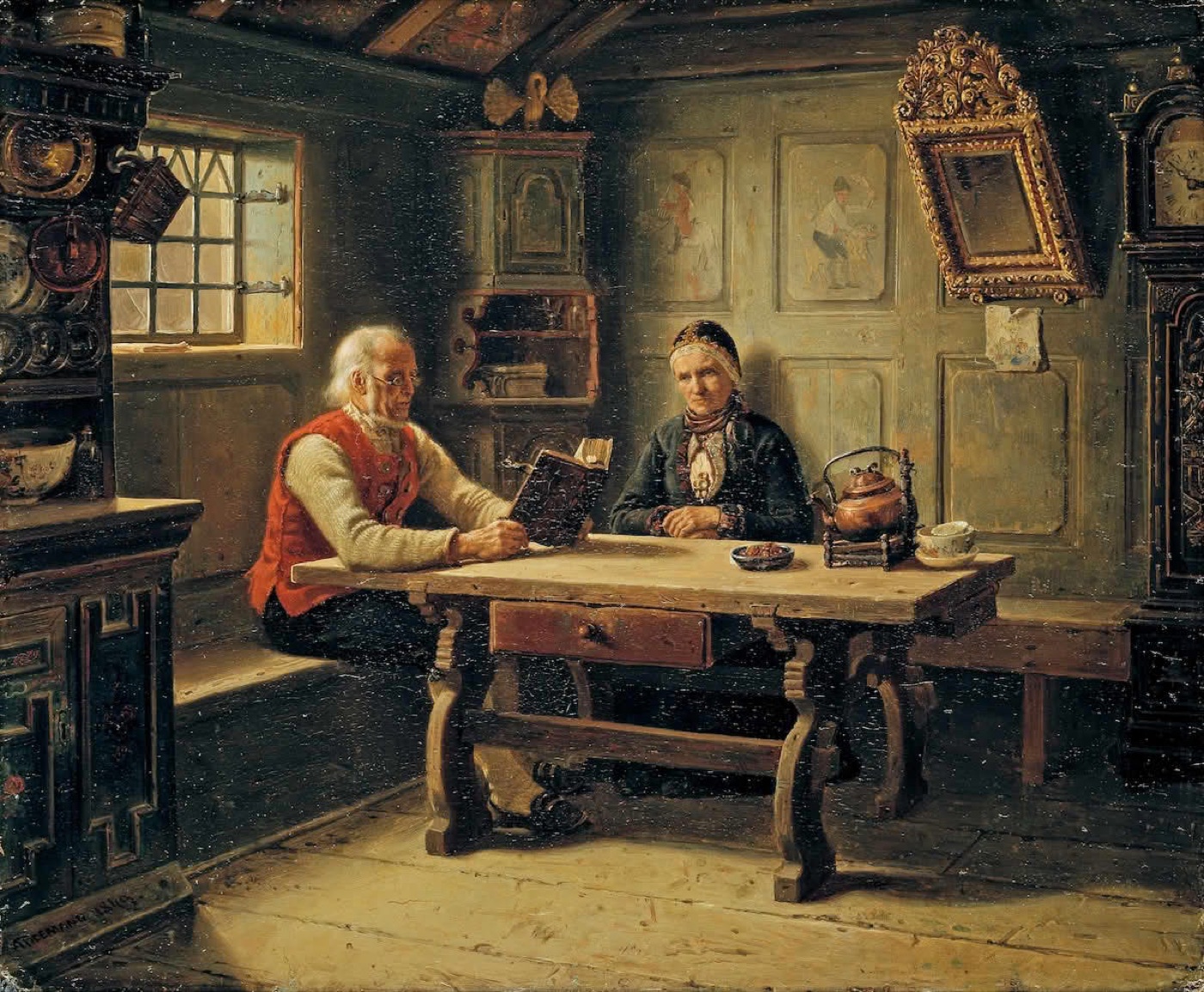 Maleri: to menn ved et bord i en stue
